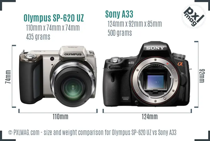 Olympus SP-620 UZ vs Sony A33 size comparison