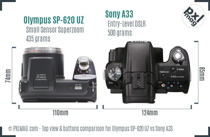 Olympus SP-620 UZ vs Sony A33 top view buttons comparison