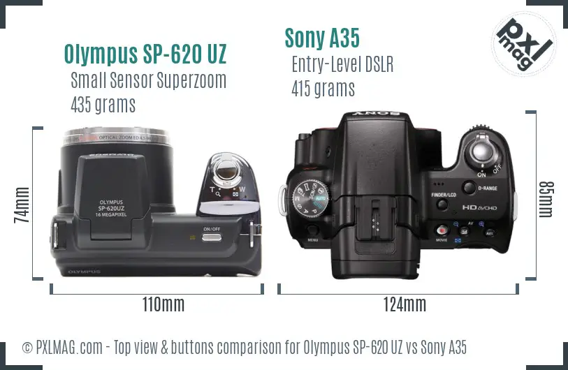 Olympus SP-620 UZ vs Sony A35 top view buttons comparison