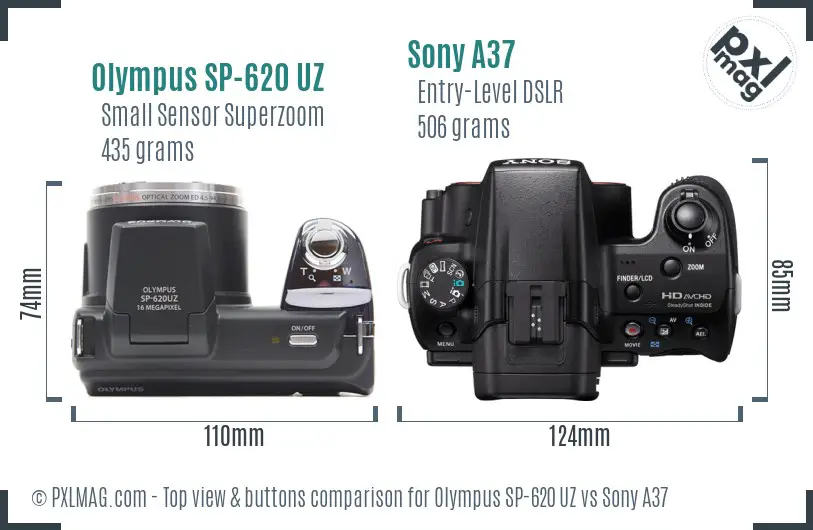 Olympus SP-620 UZ vs Sony A37 top view buttons comparison