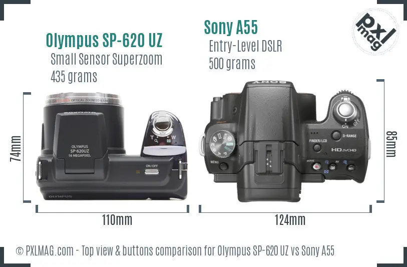 Olympus SP-620 UZ vs Sony A55 top view buttons comparison Olympus SP-620 UZ vs Sony A55 top view buttons comparison