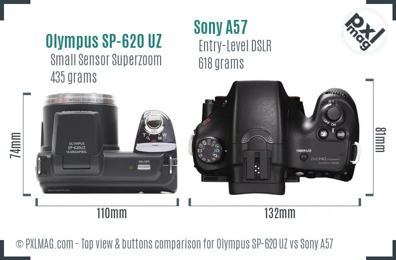 Olympus SP-620 UZ vs Sony A57 top view buttons comparison