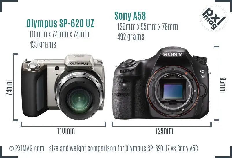 Olympus SP-620 UZ vs Sony A58 size comparison