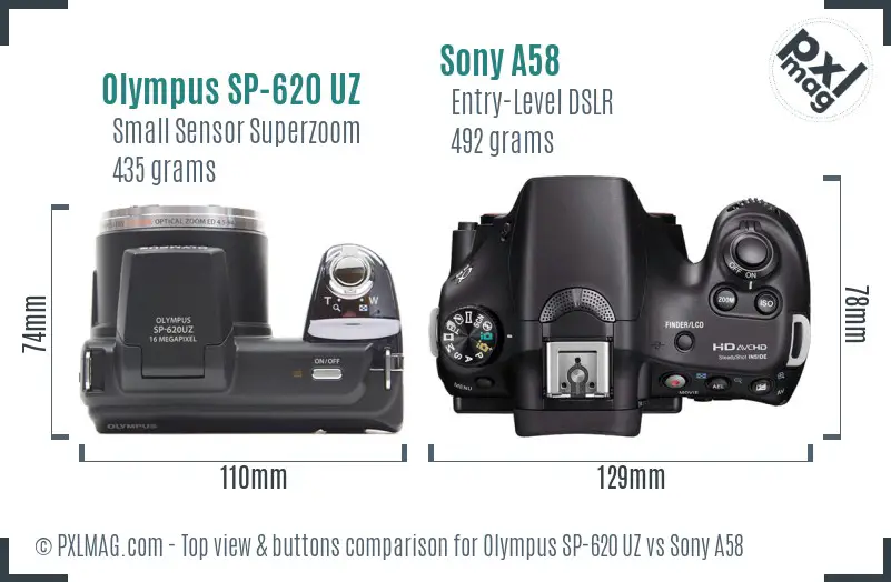 Olympus SP-620 UZ vs Sony A58 top view buttons comparison