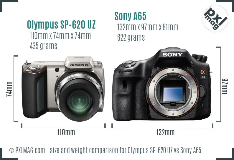 Olympus SP-620 UZ vs Sony A65 size comparison