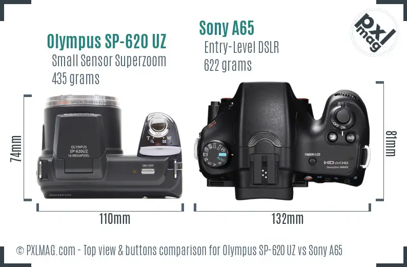 Olympus SP-620 UZ vs Sony A65 top view buttons comparison