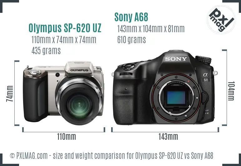 Olympus SP-620 UZ vs Sony A68 size comparison