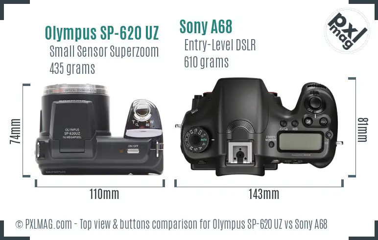 Olympus SP-620 UZ vs Sony A68 top view buttons comparison