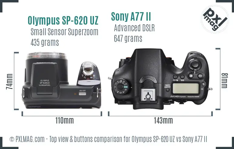 Olympus SP-620 UZ vs Sony A77 II top view buttons comparison