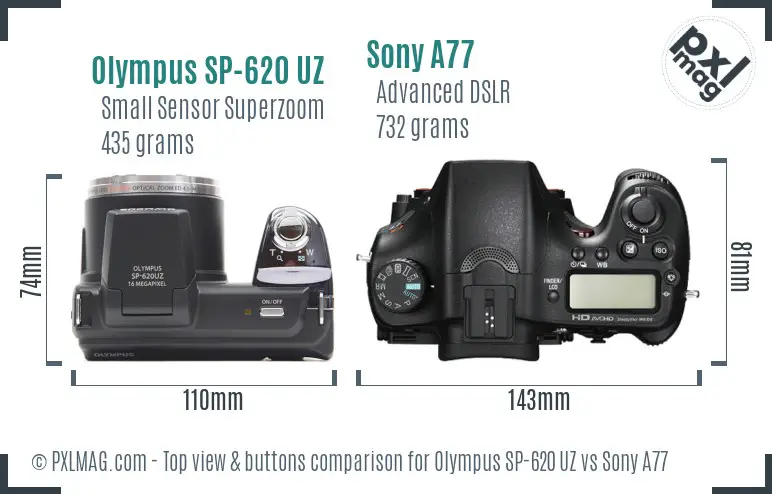 Olympus SP-620 UZ vs Sony A77 top view buttons comparison Olympus SP-620 UZ vs Sony A77 top view buttons comparison