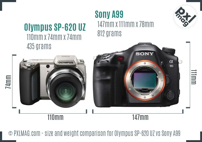 Olympus SP-620 UZ vs Sony A99 size comparison