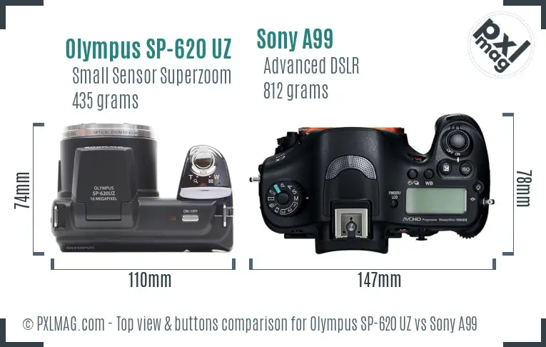 Olympus SP-620 UZ vs Sony A99 top view buttons comparison