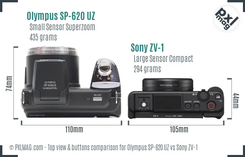 Olympus SP-620 UZ vs Sony ZV-1 top view buttons comparison