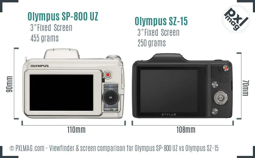Olympus SP-800 UZ vs Olympus SZ-15 Screen and Viewfinder comparison