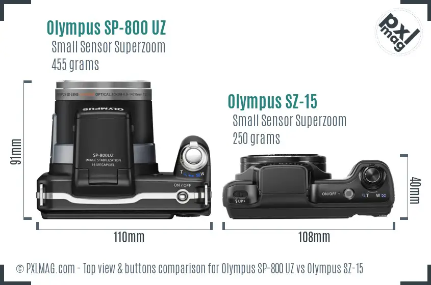 Olympus SP-800 UZ vs Olympus SZ-15 top view buttons comparison