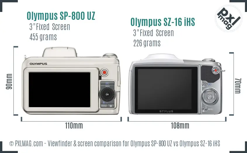Olympus SP-800 UZ vs Olympus SZ-16 iHS Screen and Viewfinder comparison