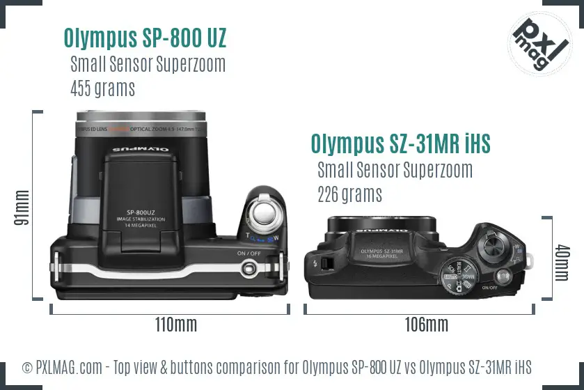 Olympus SP-800 UZ vs Olympus SZ-31MR iHS top view buttons comparison