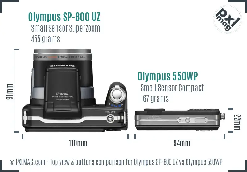 Olympus SP-800 UZ vs Olympus 550WP top view buttons comparison