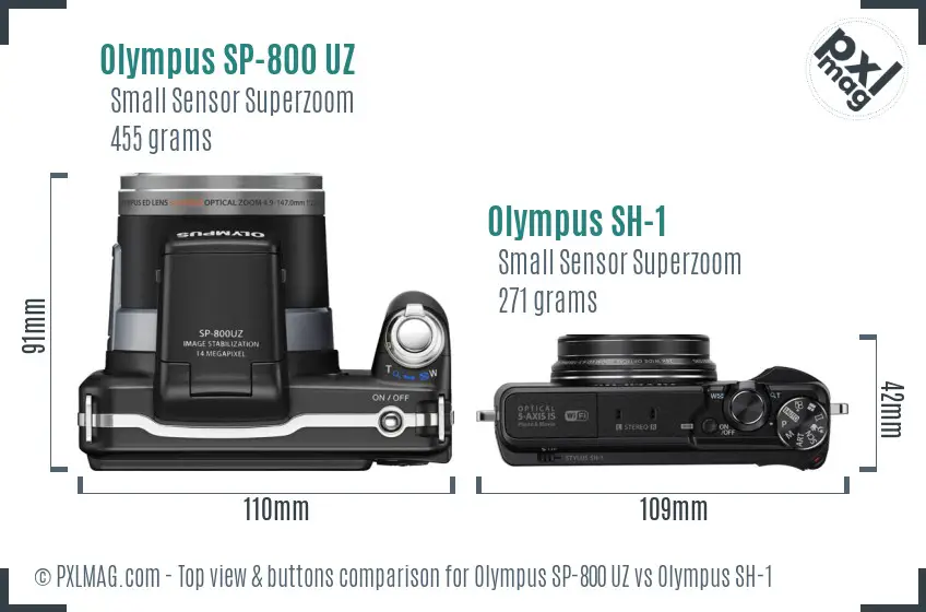 Olympus SP-800 UZ vs Olympus SH-1 top view buttons comparison