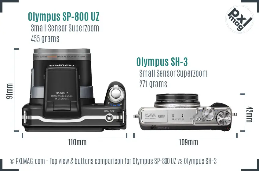 Olympus SP-800 UZ vs Olympus SH-3 top view buttons comparison