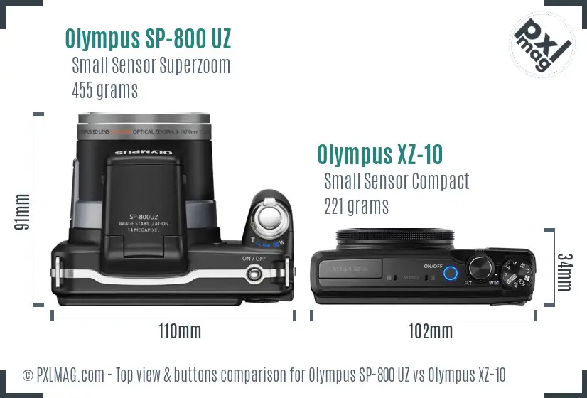 Olympus SP-800 UZ vs Olympus XZ-10 top view buttons comparison