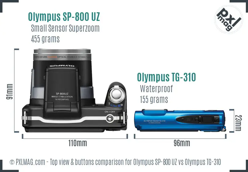 Olympus SP-800 UZ vs Olympus TG-310 top view buttons comparison