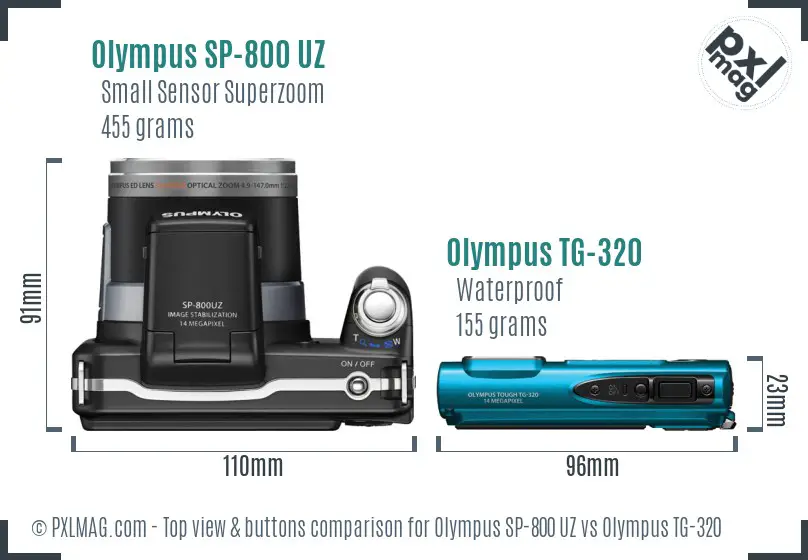 Olympus SP-800 UZ vs Olympus TG-320 top view buttons comparison