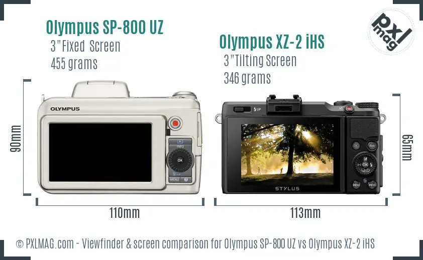 Olympus SP-800 UZ vs Olympus XZ-2 iHS Screen and Viewfinder comparison