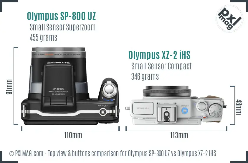 Olympus SP-800 UZ vs Olympus XZ-2 iHS top view buttons comparison