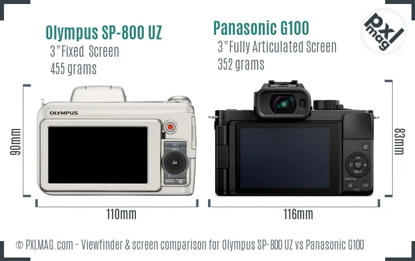 Olympus SP-800 UZ vs Panasonic G100 Screen and Viewfinder comparison