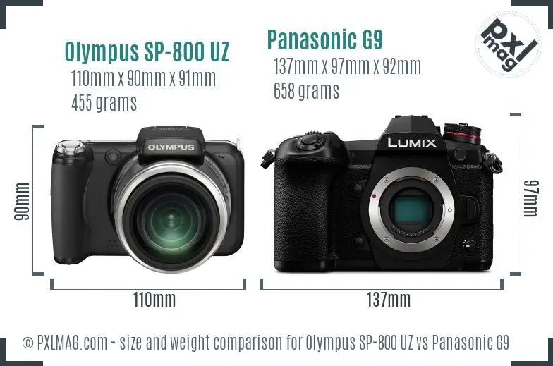 Olympus SP-800 UZ vs Panasonic G9 size comparison