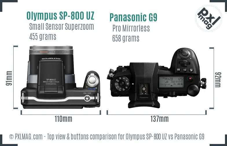 Olympus SP-800 UZ vs Panasonic G9 top view buttons comparison