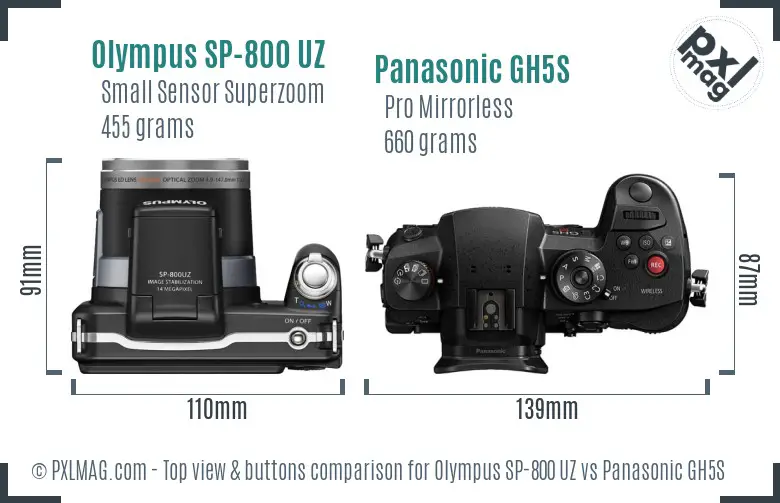 Olympus SP-800 UZ vs Panasonic GH5S top view buttons comparison