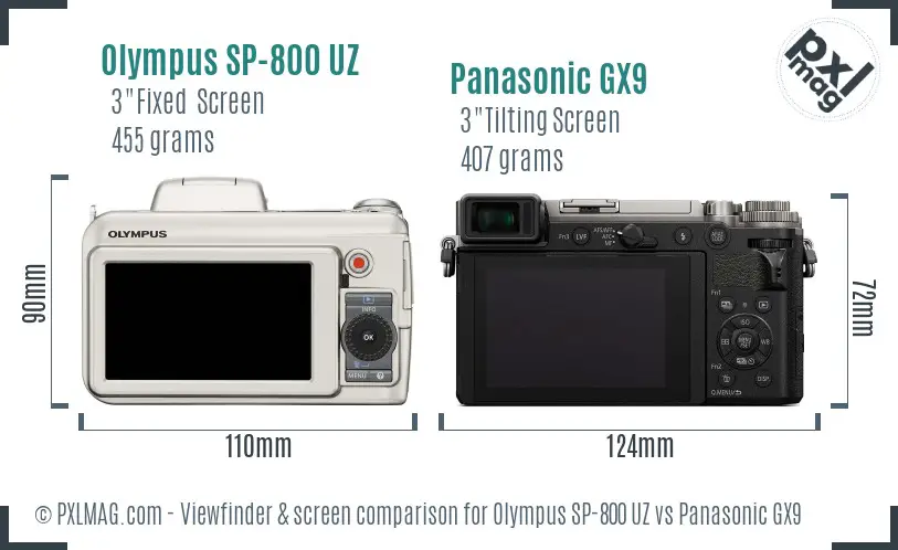 Olympus SP-800 UZ vs Panasonic GX9 Screen and Viewfinder comparison