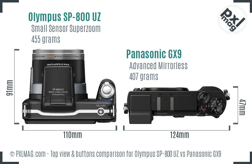Olympus SP-800 UZ vs Panasonic GX9 top view buttons comparison
