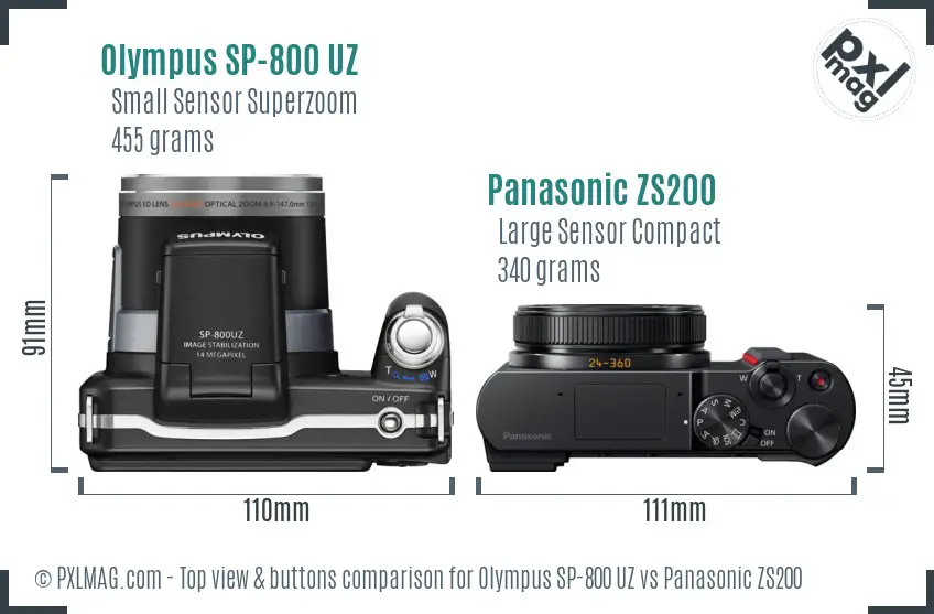 Olympus SP-800 UZ vs Panasonic ZS200 top view buttons comparison
