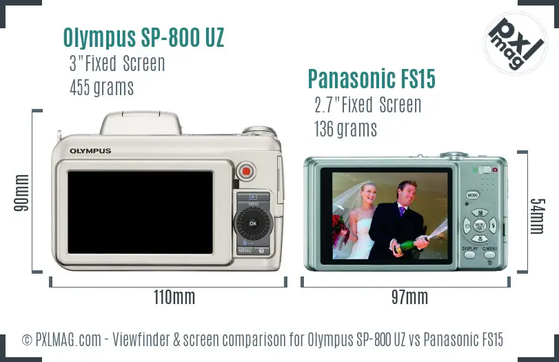 Olympus SP-800 UZ vs Panasonic FS15 Screen and Viewfinder comparison