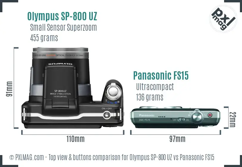 Olympus SP-800 UZ vs Panasonic FS15 top view buttons comparison