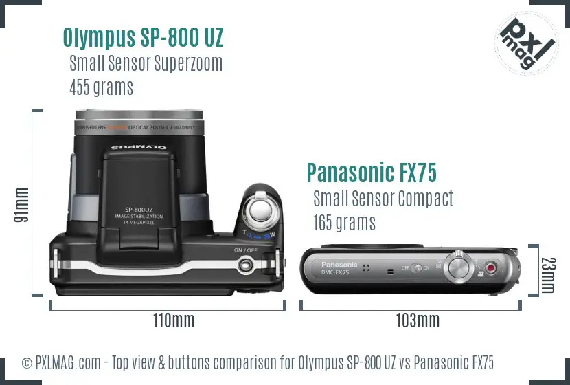 Olympus SP-800 UZ vs Panasonic FX75 top view buttons comparison