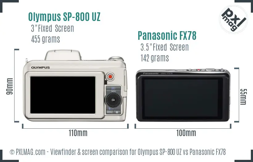 Olympus SP-800 UZ vs Panasonic FX78 Screen and Viewfinder comparison