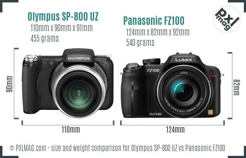 Olympus SP-800 UZ vs Panasonic FZ100 size comparison