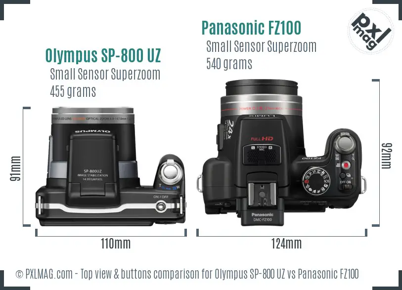 Olympus SP-800 UZ vs Panasonic FZ100 top view buttons comparison