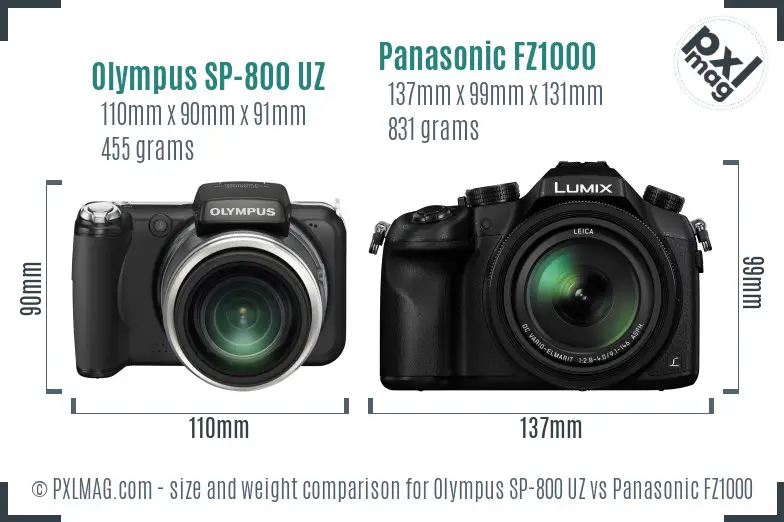 Olympus SP-800 UZ vs Panasonic FZ1000 size comparison