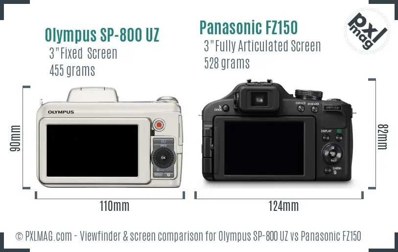 Olympus SP-800 UZ vs Panasonic FZ150 Screen and Viewfinder comparison