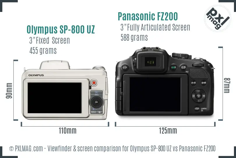 Olympus SP-800 UZ vs Panasonic FZ200 Screen and Viewfinder comparison
