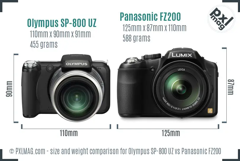 Olympus SP-800 UZ vs Panasonic FZ200 size comparison