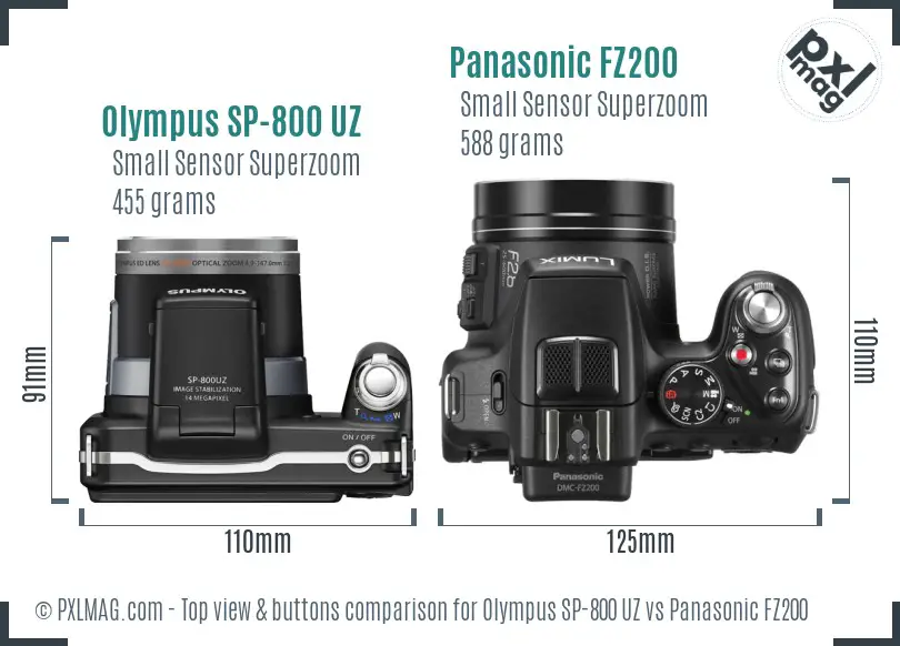 Olympus SP-800 UZ vs Panasonic FZ200 top view buttons comparison