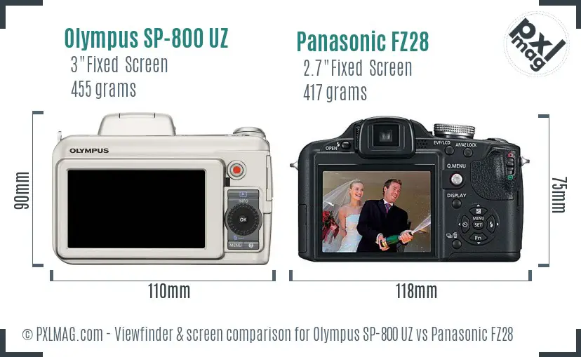 Olympus SP-800 UZ vs Panasonic FZ28 Screen and Viewfinder comparison