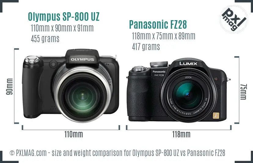 Olympus SP-800 UZ vs Panasonic FZ28 size comparison