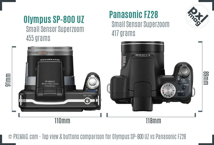 Olympus SP-800 UZ vs Panasonic FZ28 top view buttons comparison